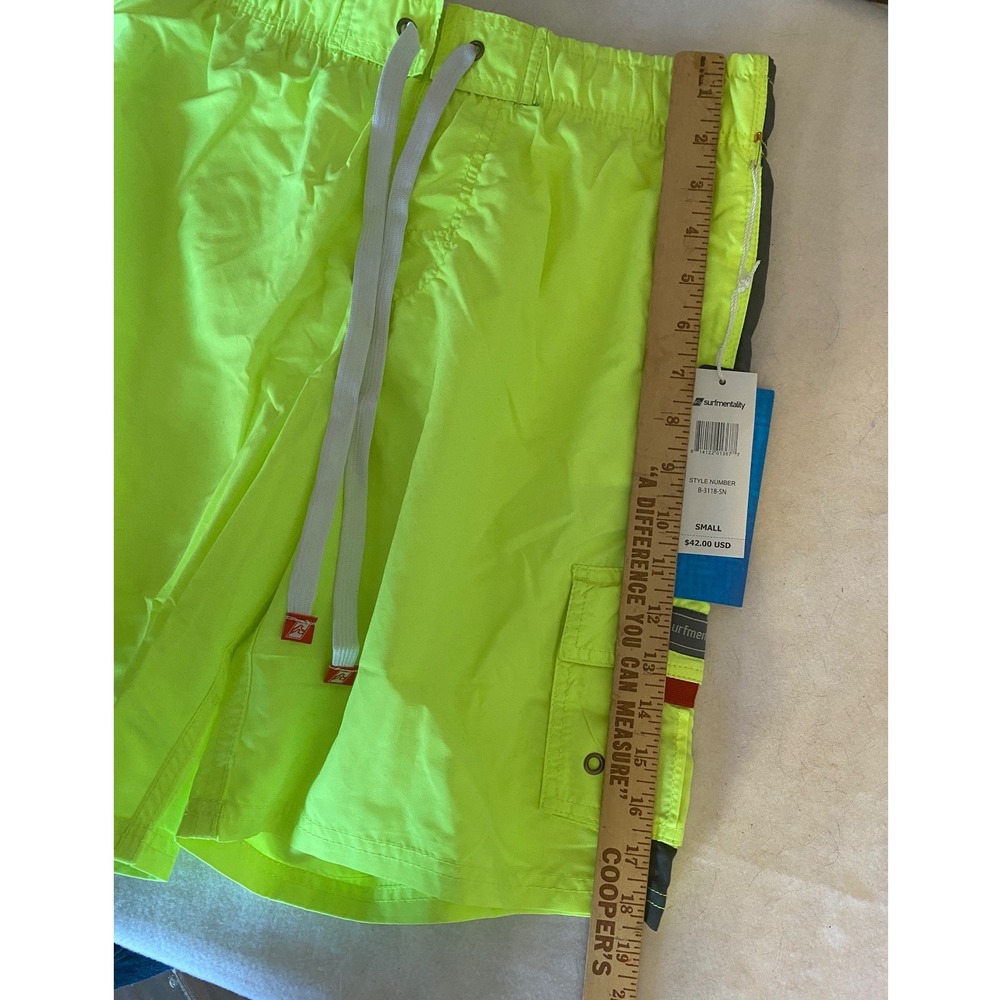 Surfmentality Swim Trunks Mens Small Neon Yellow Cargo Board NWT - Picture 4 of 5